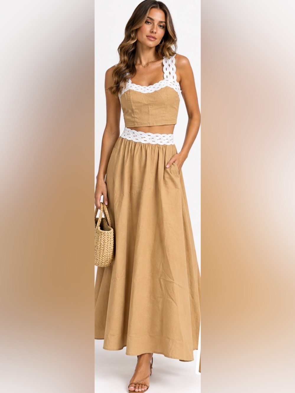 COMMENSE Tan White Crochet Trim Crop Top Maxi Skirt Set M NWT